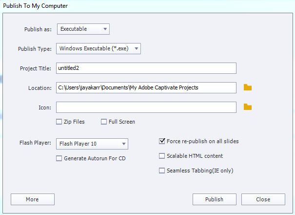 Publishing project as an executable file