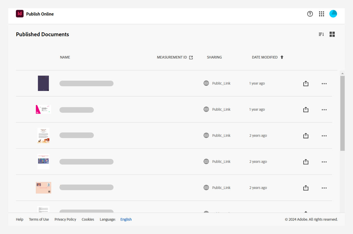 Overzicht van de documenten in het Publish Online-dashboard