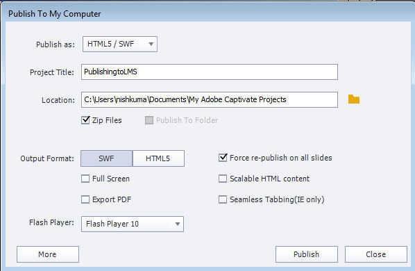 Publish To My Computer dialog box with output options