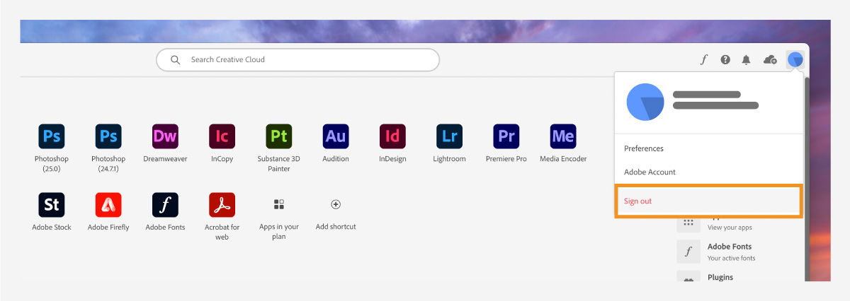 Sign out screen in the Creative Cloud desktop app.