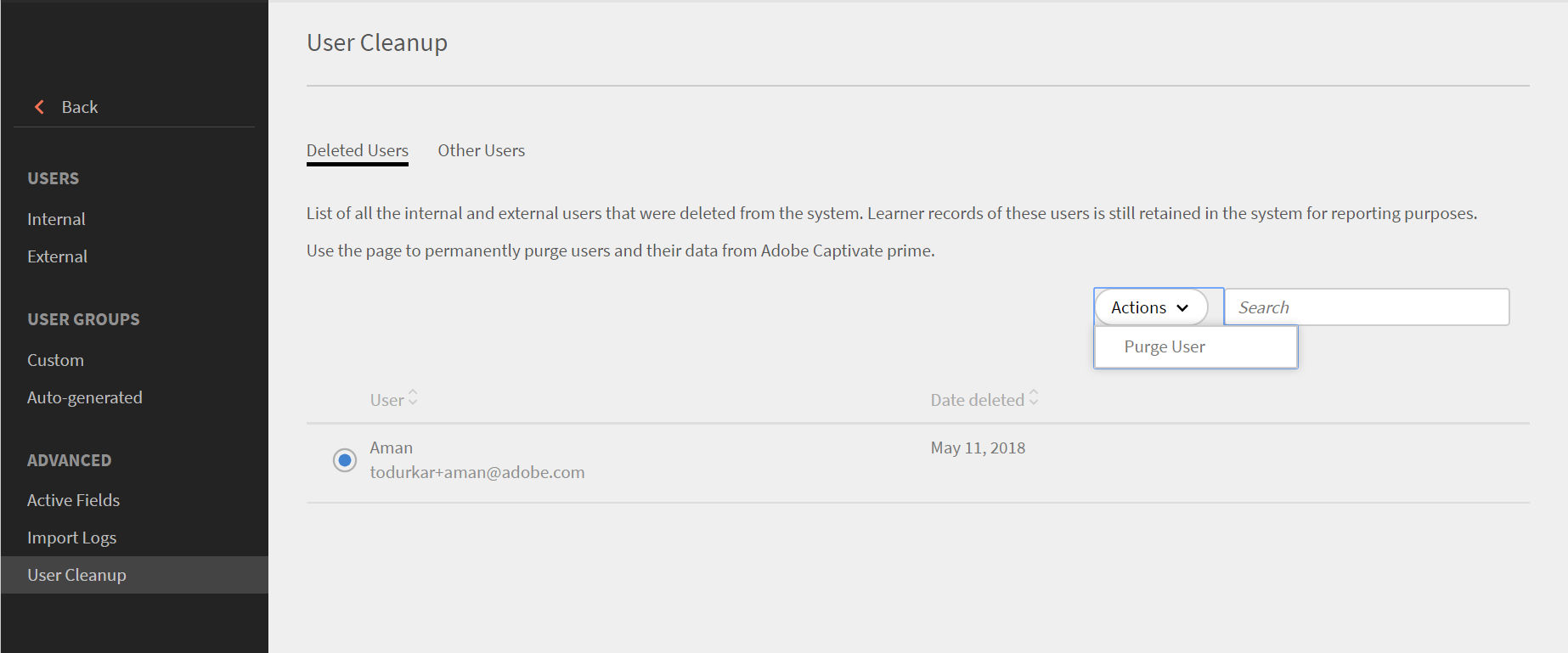 Select Purge User from the Actions drop-down