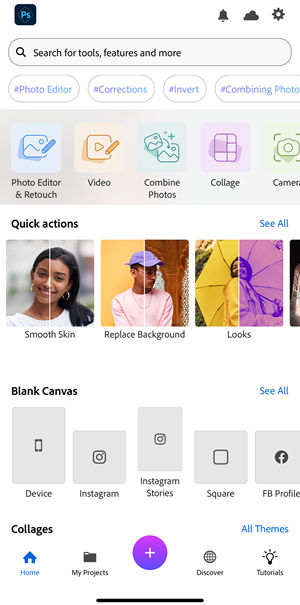 Quick actions layout on the home screen of Photoshop Express