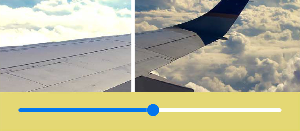 An image showing before and after Dehaze of an airplane wing flying. 