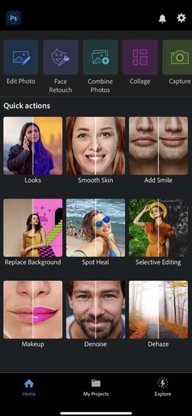 Photoshop Express homepage showing the nine quick actions which are looks, smooth skin, add a smile, replace the background, spot heal, selective editing, apply makeup, denoise, and dehaze.