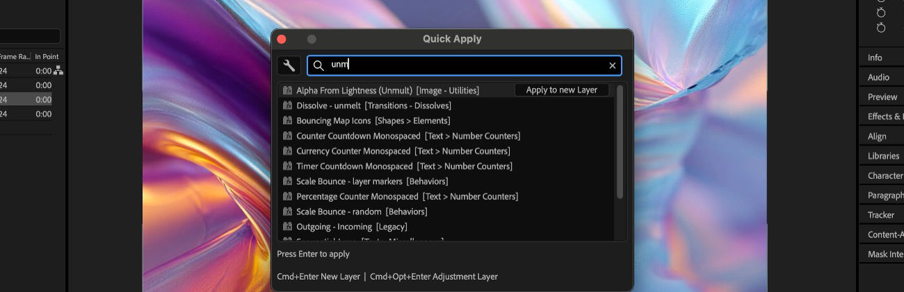 Quick Apply panel with “unm” typed in the search bar, showing Alpha From Lightness (Unmult) and other related results, with instructions to press Enter to apply.