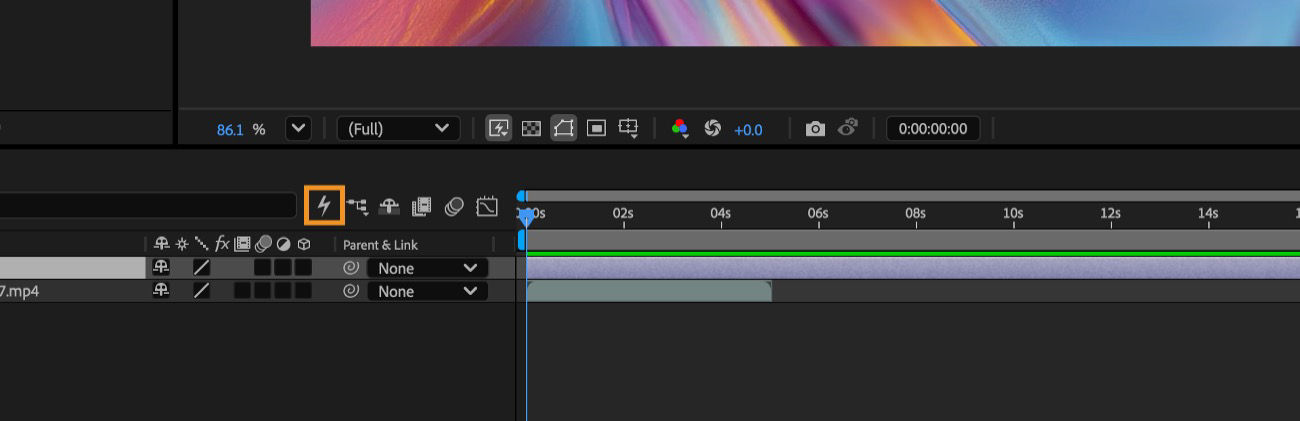 After Effects timeline panel with the Quick Apply lightning bolt icon highlighted in the toolbar.