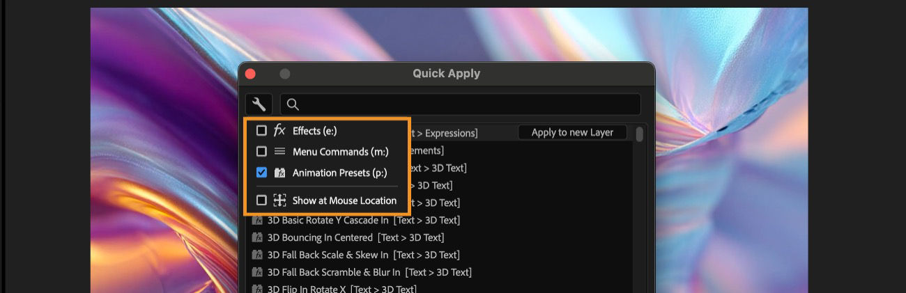 Quick Apply filter options expanded, showing checkboxes for Effects (e:), Menu Commands (m:), Animation Presets (p:), and Show at Mouse Location.