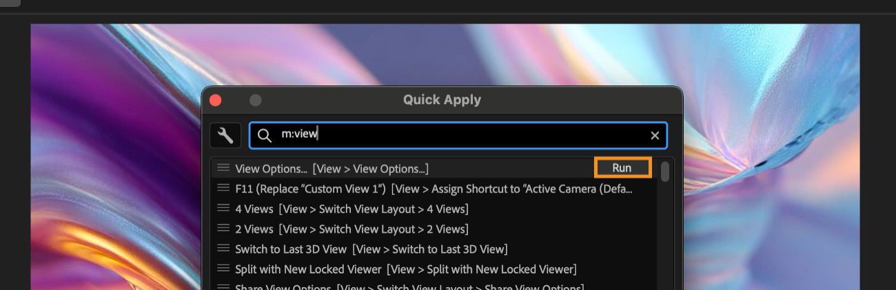 After Effects Quick Apply panel open with “m:view” typed in the search bar, showing menu command results under View options, with a Run button highlighted.