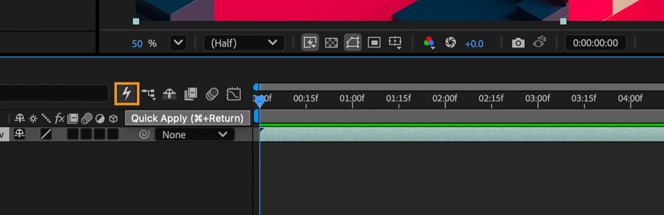 After Effects timeline panel with the Quick Apply lightning bolt icon highlighted in the toolbar.