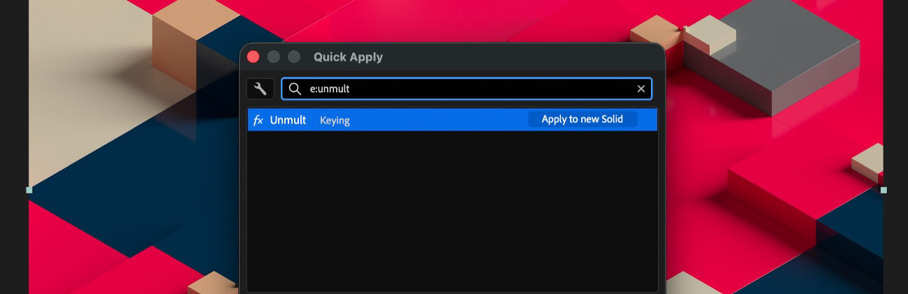 Quick Apply panel in After Effects with e:un typed in the search field, displaying effects that matches the search term.