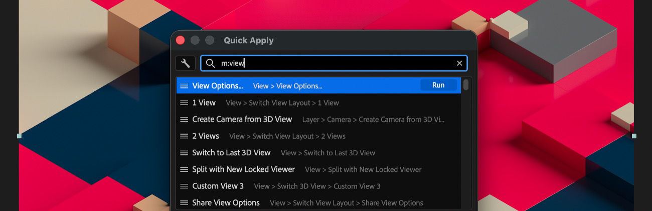 After Effects Quick Apply panel open with “m:view” typed in the search bar, showing menu command results under View options, with a Run button highlighted.