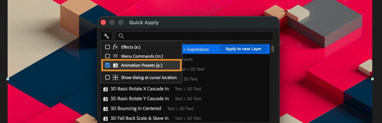 Quick Apply filter options expanded, showing checkboxes for Effects (e:), Menu Commands (m:), Animation Presets (p:), and Show at Mouse Location.