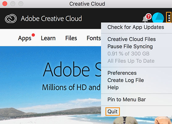 Option to quit Creative Cloud desktop app (Old version)