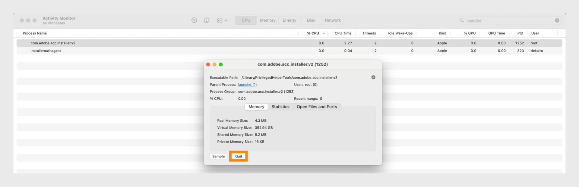 macOS Activity Monitor showing Microsoft Word process details with the Quit button highlighted.