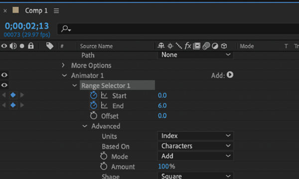 Expand the Range Selector property group and set keyframes for Start or End properties