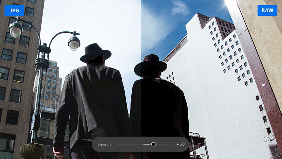 Photo of two people in hats walking in the city, the left side is JPG and the right side is RAW and has more contrast and color saturation