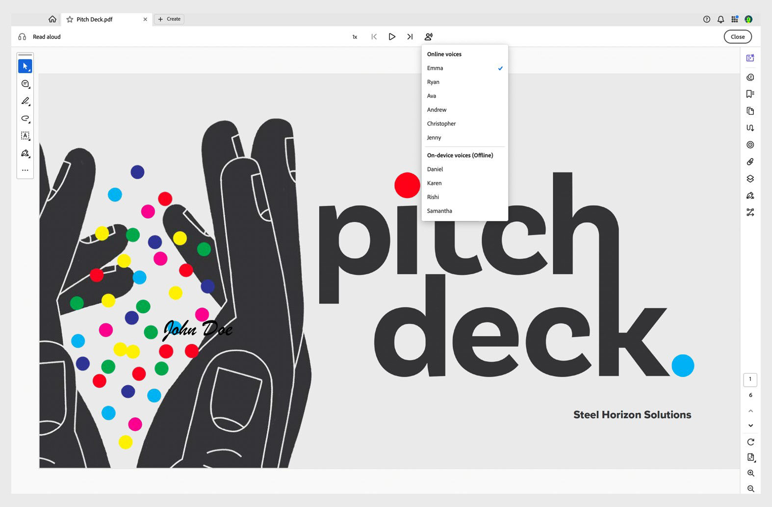 Acrobat’s Read Out Loud settings showing premium voice options.