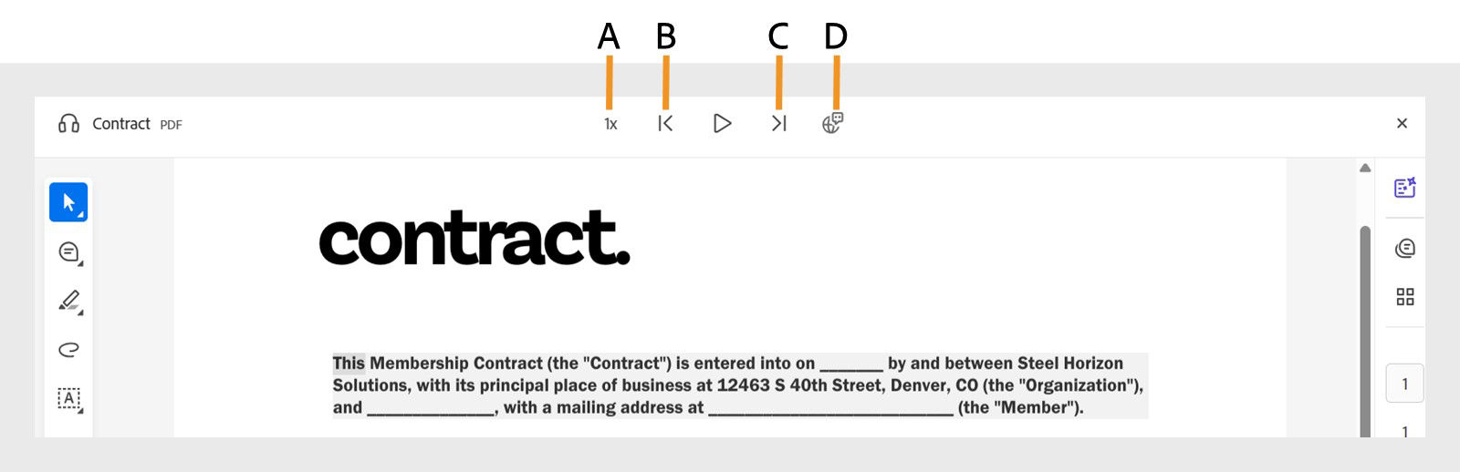 Een sjabloon voor een contract weergegeven in de modus Hardop voorlezen in Acrobat op het web, met bedieningselementen om af te spelen, te pauzeren, afspeelsnelheid aan te passen en een audiostem te selecteren.