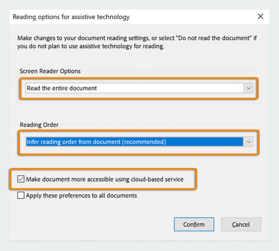 Reading options for assistive technology