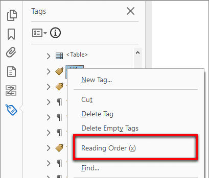 Access the Reading Order tool from the tag tree