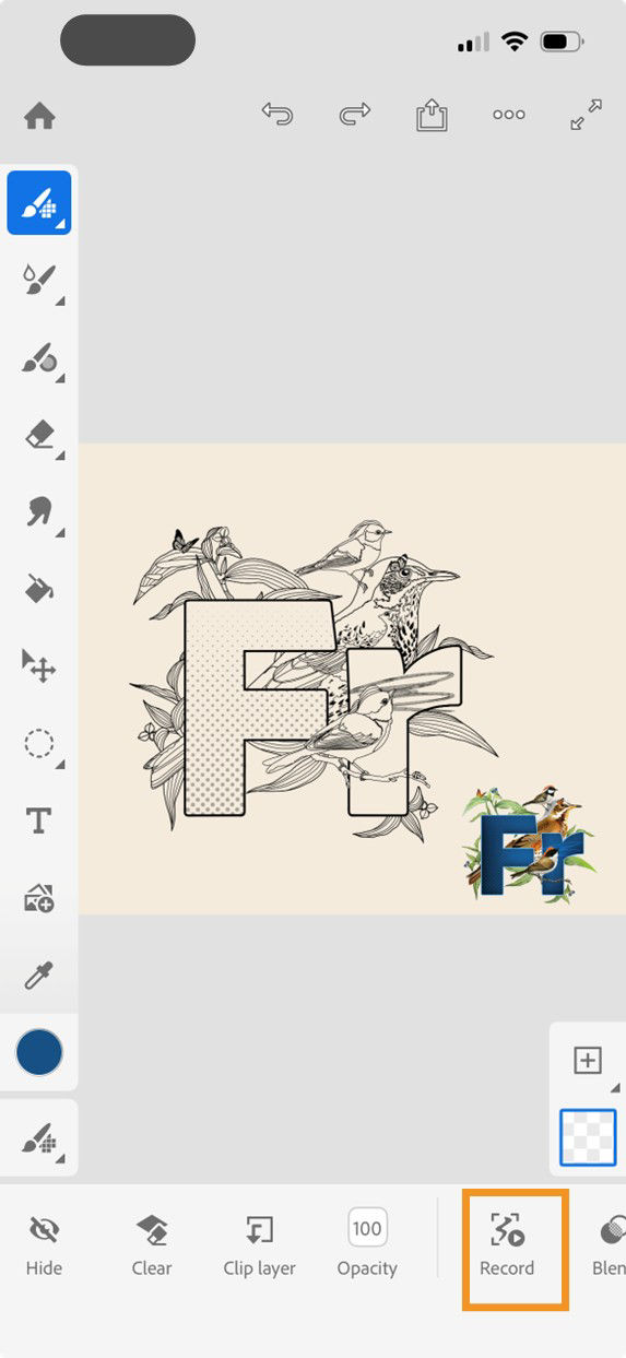 Fresco workspace with the Record button highlighted in the canvas toolbar at the bottom of the screen.