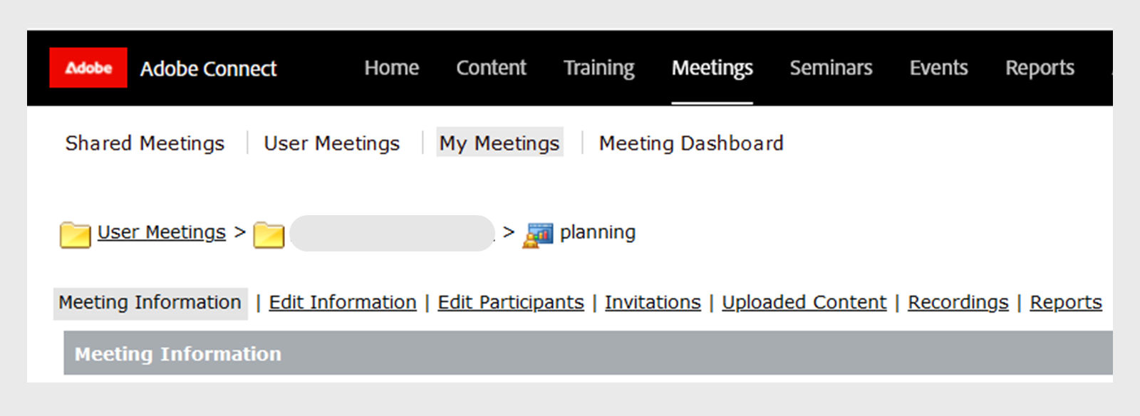 Access recordings from the Recordings tab after accessing a meeting in Adobe Connect Central.