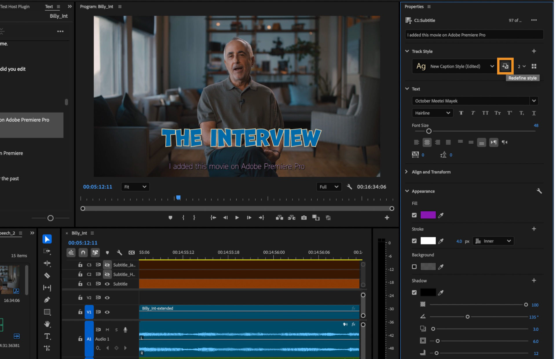 The UI of the Essential Graphics panel with Redefine style highlighted. 