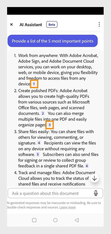Generated answers using AI Assistant are shown in Adobe Acrobat. You can refer to sources of the answers by selecting the numbers given alongside the answers