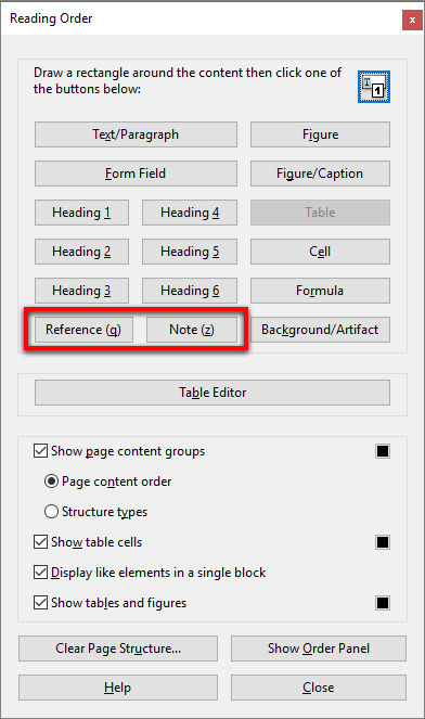 Reference and Notes in the Reading Order tool