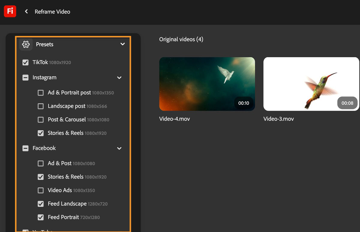 The Presets section is expanded and there are multiple social media platforms to choose from. 