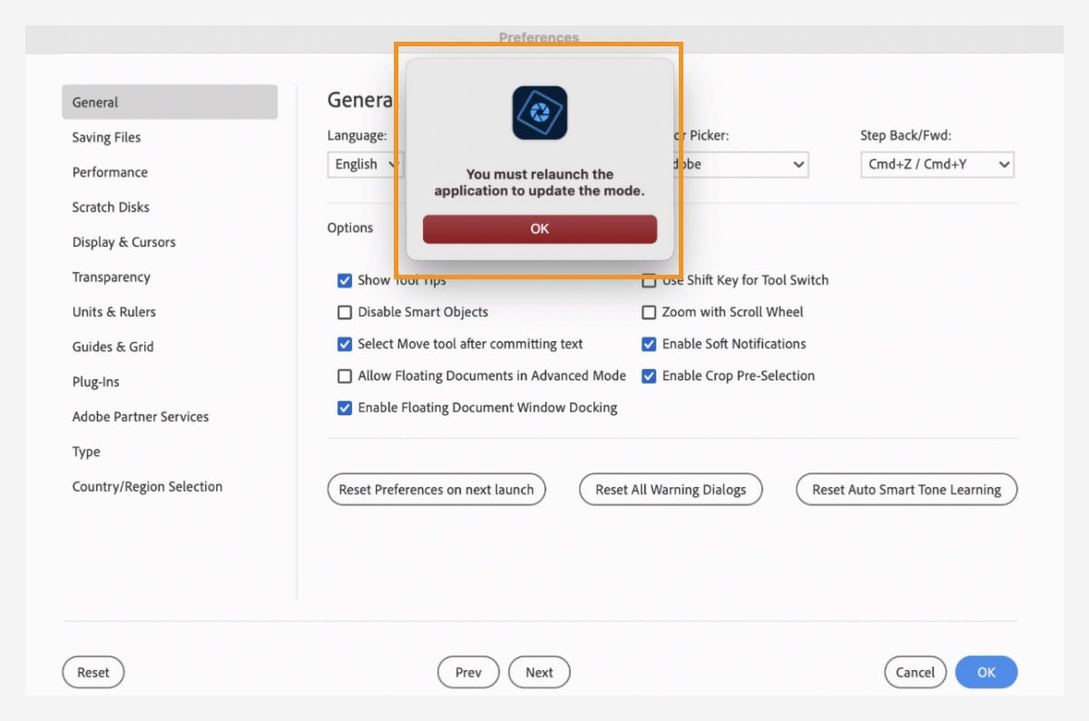 Adobe Photoshop Elements dialog box to notify users about the application relaunch.