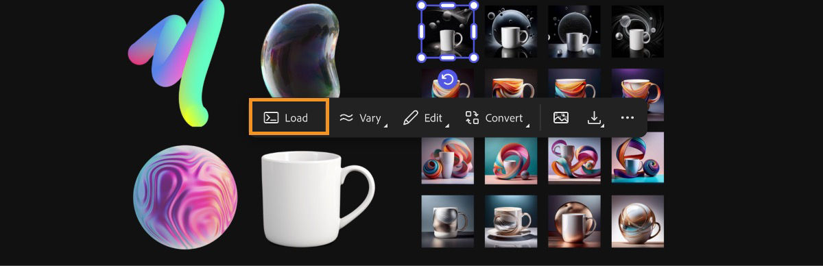 One of the remixed images is selected on the board, and the option to load the prompt used for its generation is highlighted.