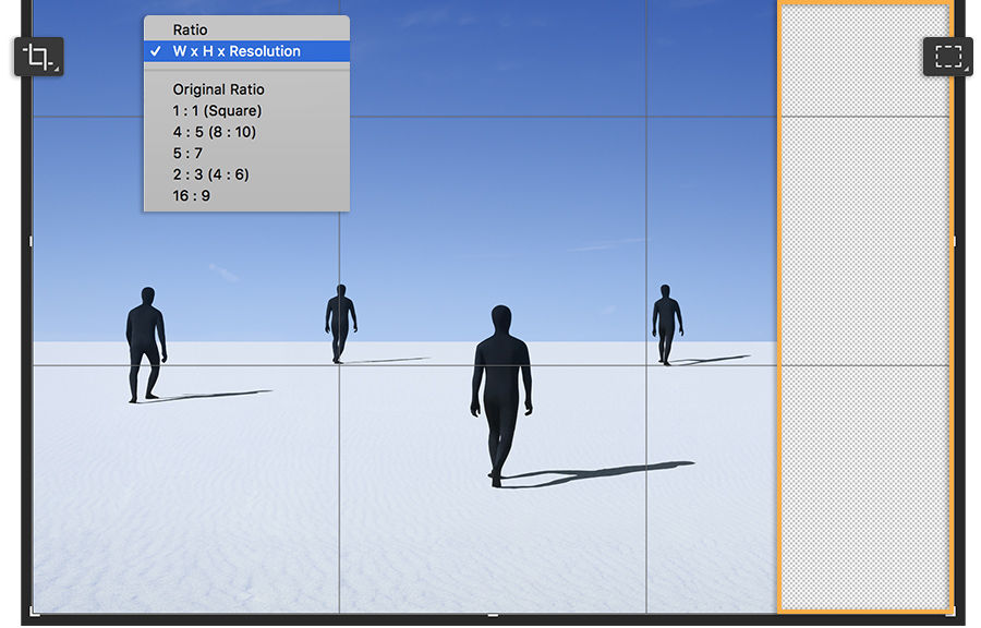 To correct unbalanced appearance of original artwork, Crop tool used to extend canvas, Rectangular Marquee selects empty area