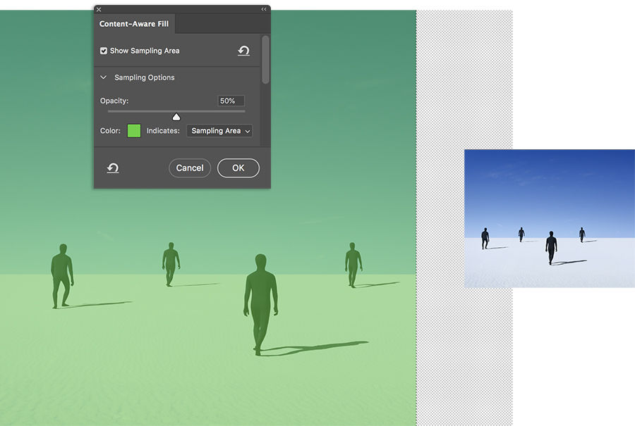Empty area of canvas will be filled using Content-Aware Fill. Show Sampling Area box checked, Original artwork is highlighted
