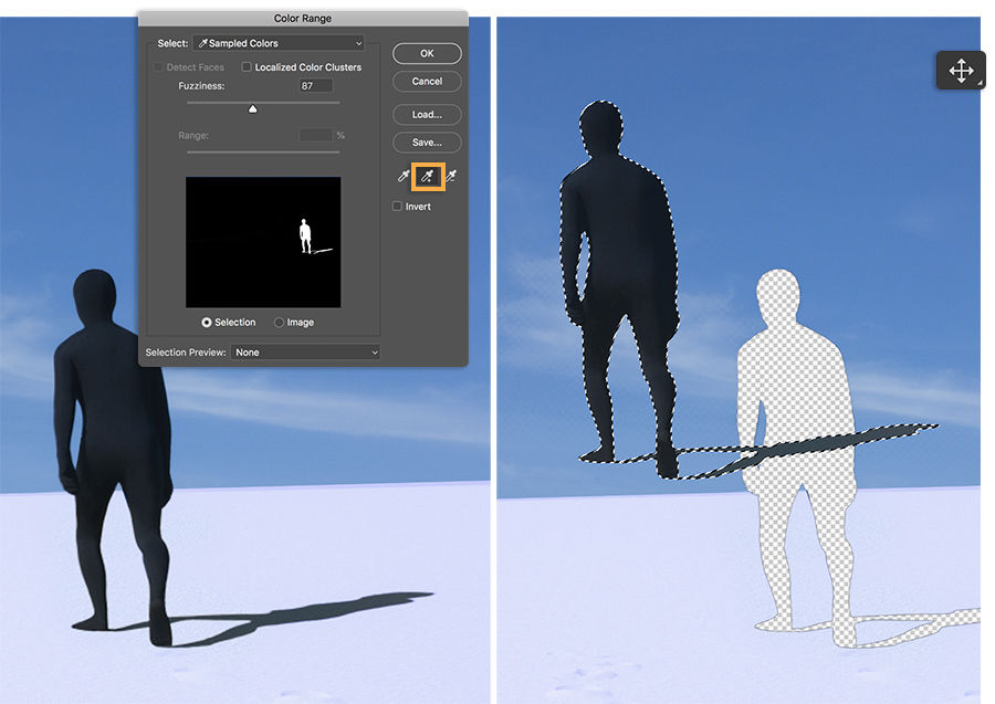 Select > Color Range > Sampled Colors used to select figure and shadow. Selection moved to new position using Move tool.