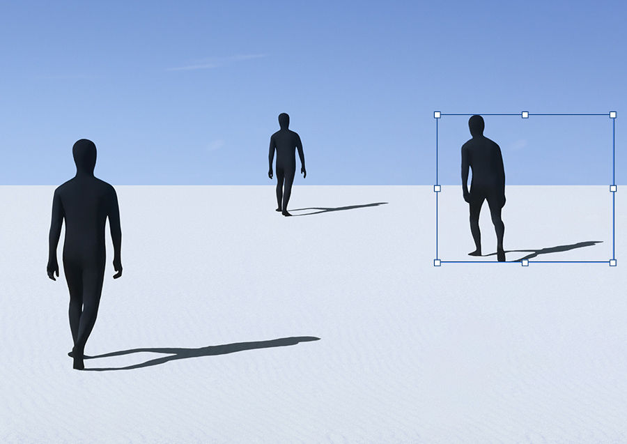 Figure with shadow is placed into original image and scaled using handles to match perspective of scene