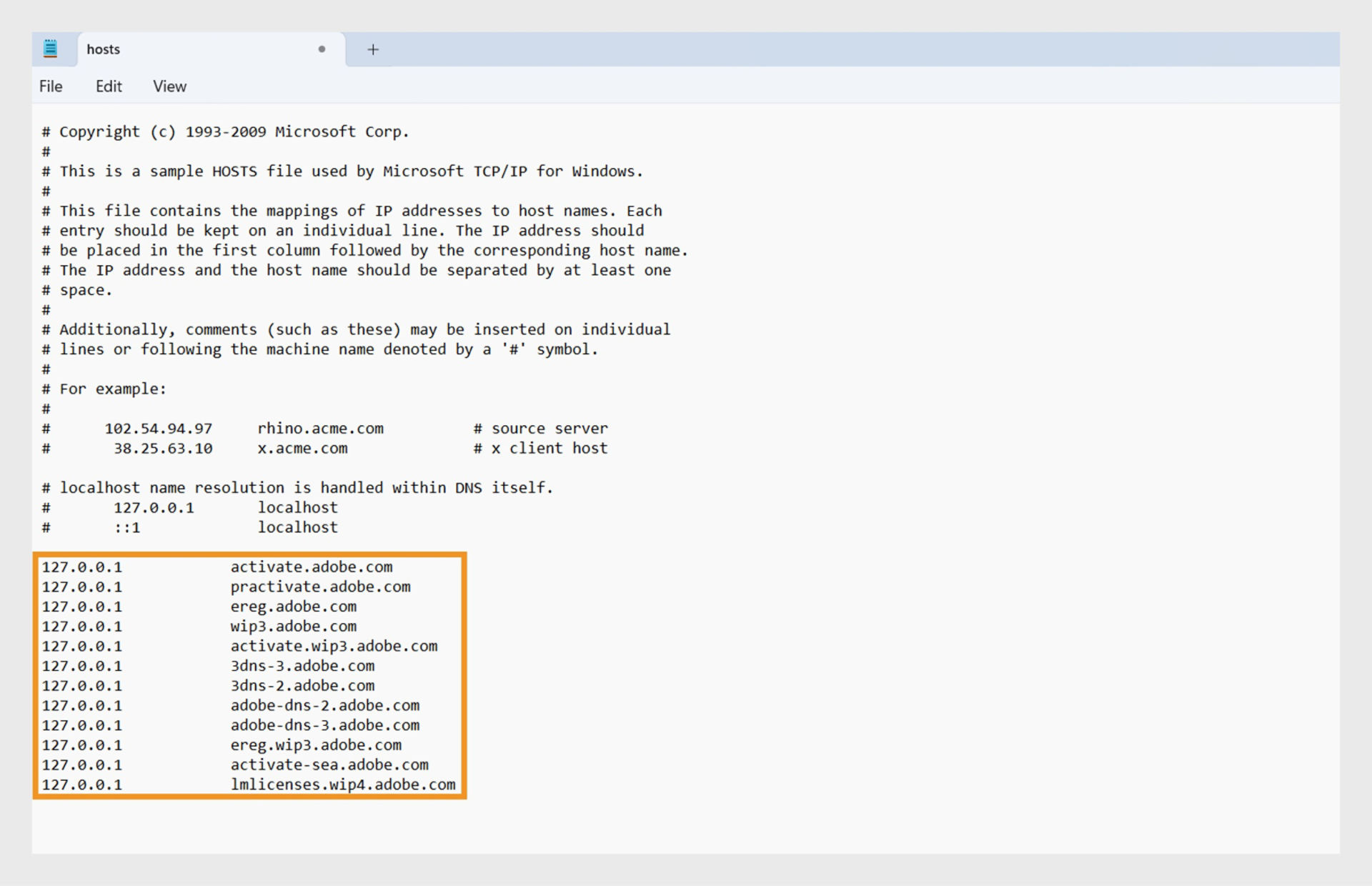 Il file hosts include informazioni sull'host locale e, in caso di errori, voci relative ad Adobe. 