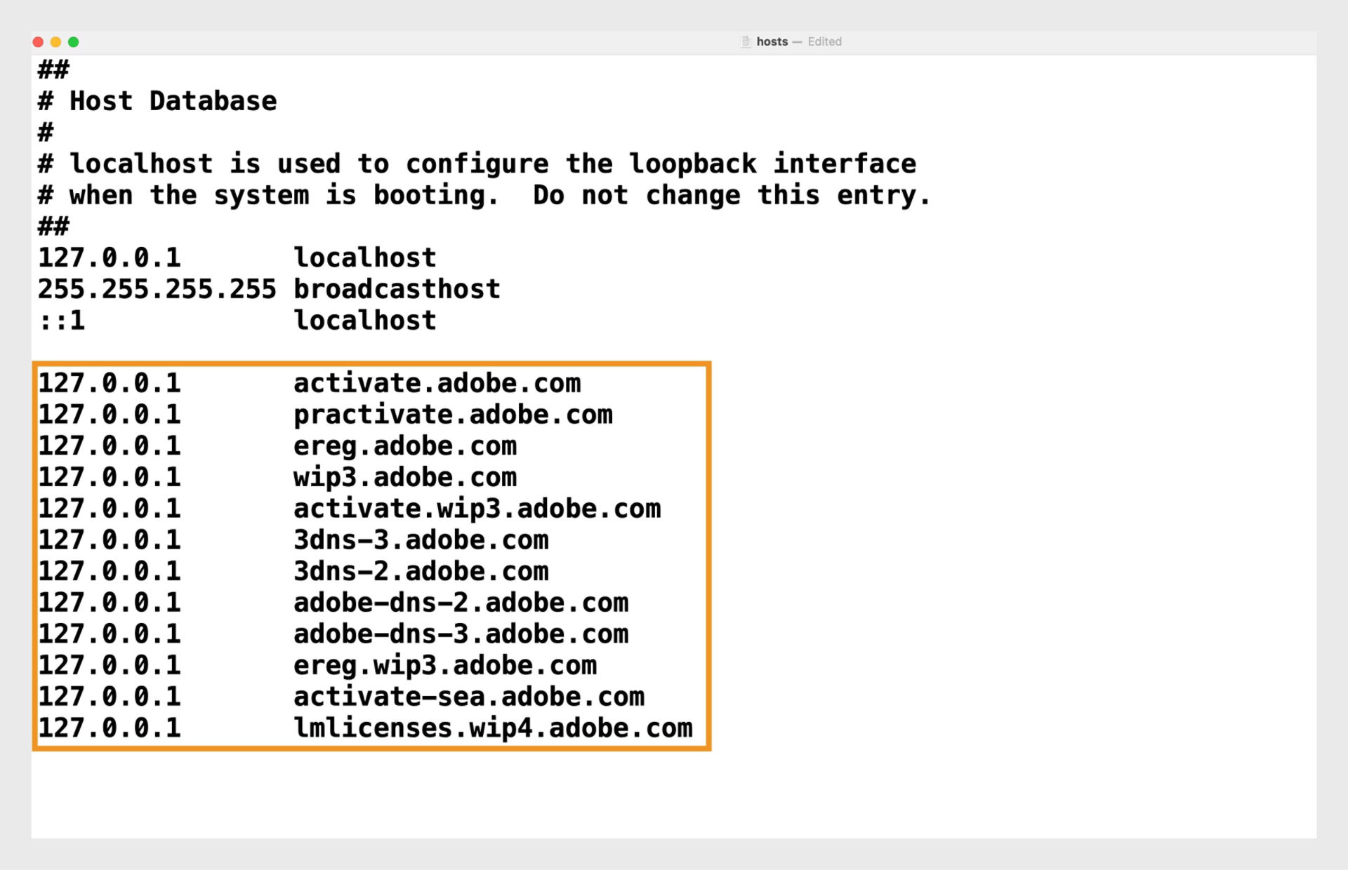 O arquivo hosts mostrando informações de localhost e, em caso de erros, entradas relacionadas à Adobe. 