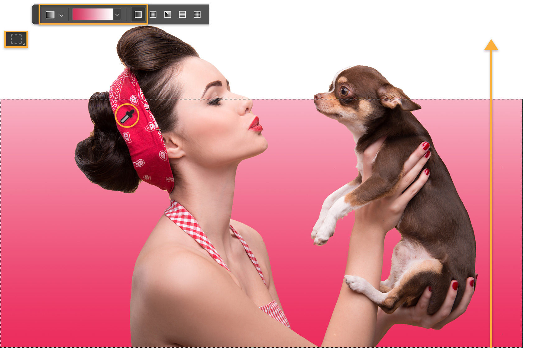 Eyedropper is used to select a hue from woman’s headband and create a gradient background.