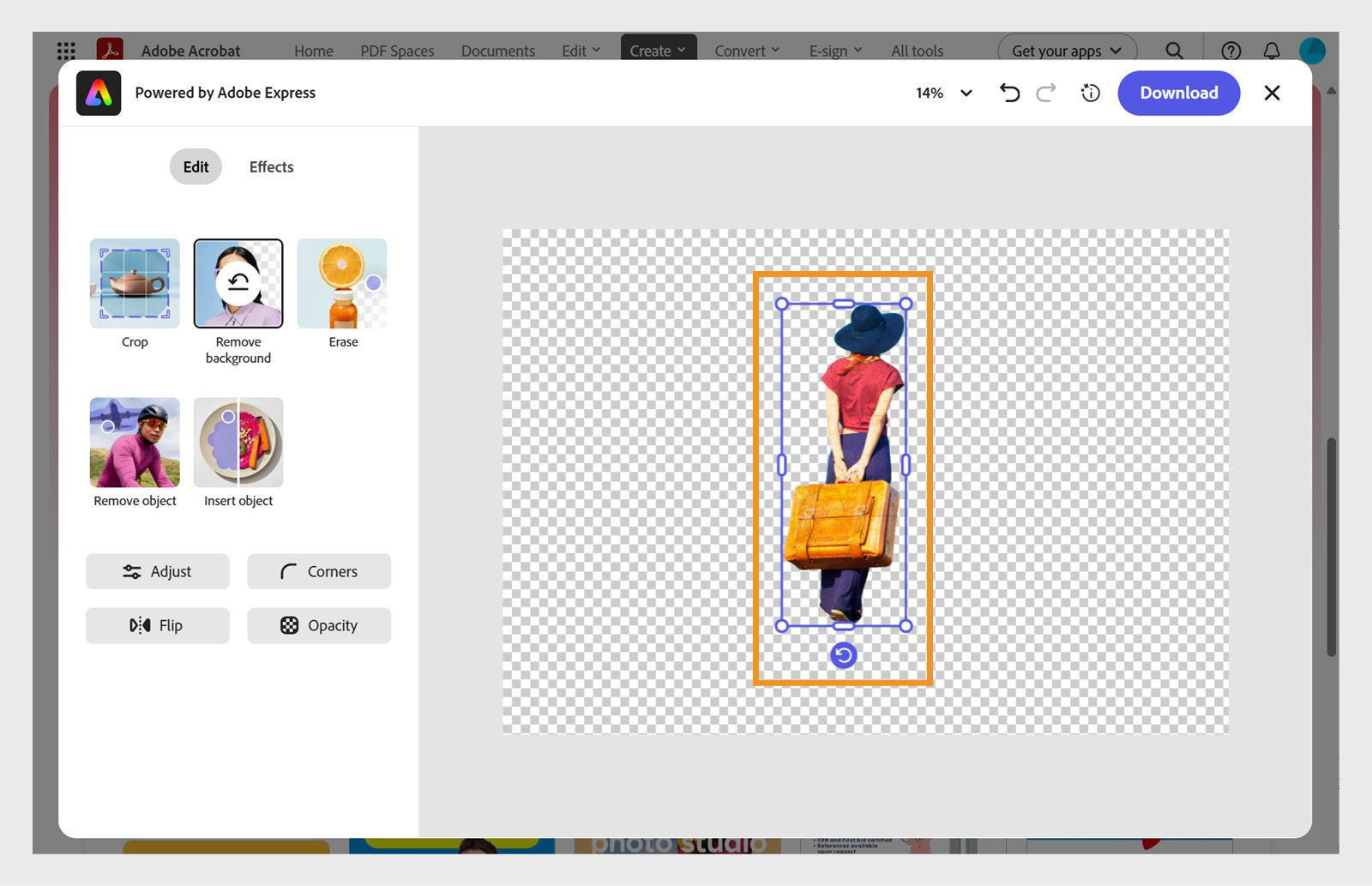 Express image editing dialog showing image modification tools and a transparent image in the center with blue handles for resizing and rotation.