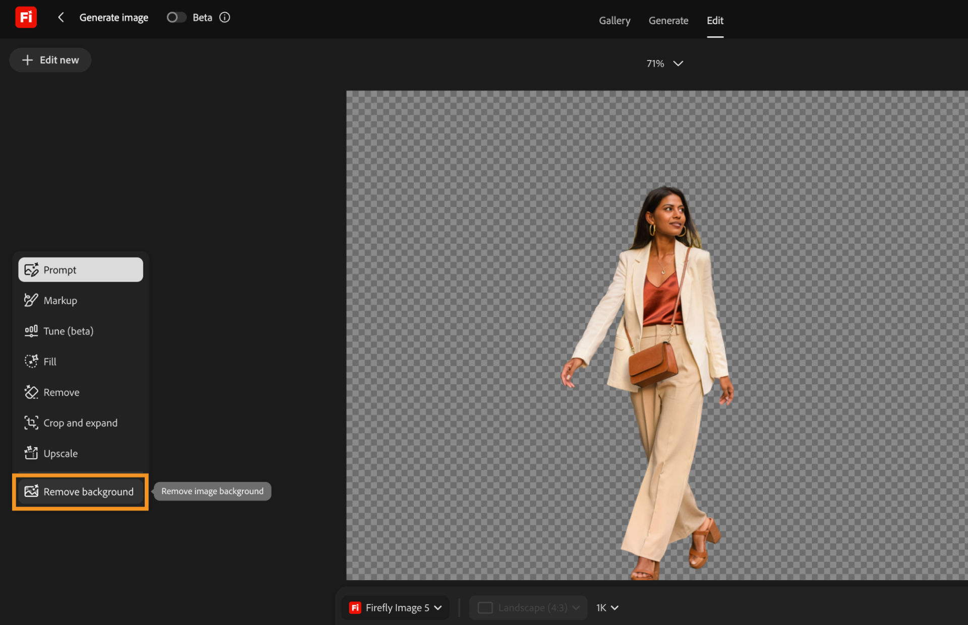 Adobe Firefly image editor shows a woman in a cream suit isolated on a transparent background, with the “Remove background” tool highlighted in the left panel.