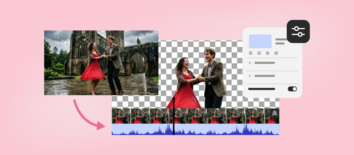 On the left is a video frame of a man and a woman in front of an old building. On the right is the same frame without the background. 