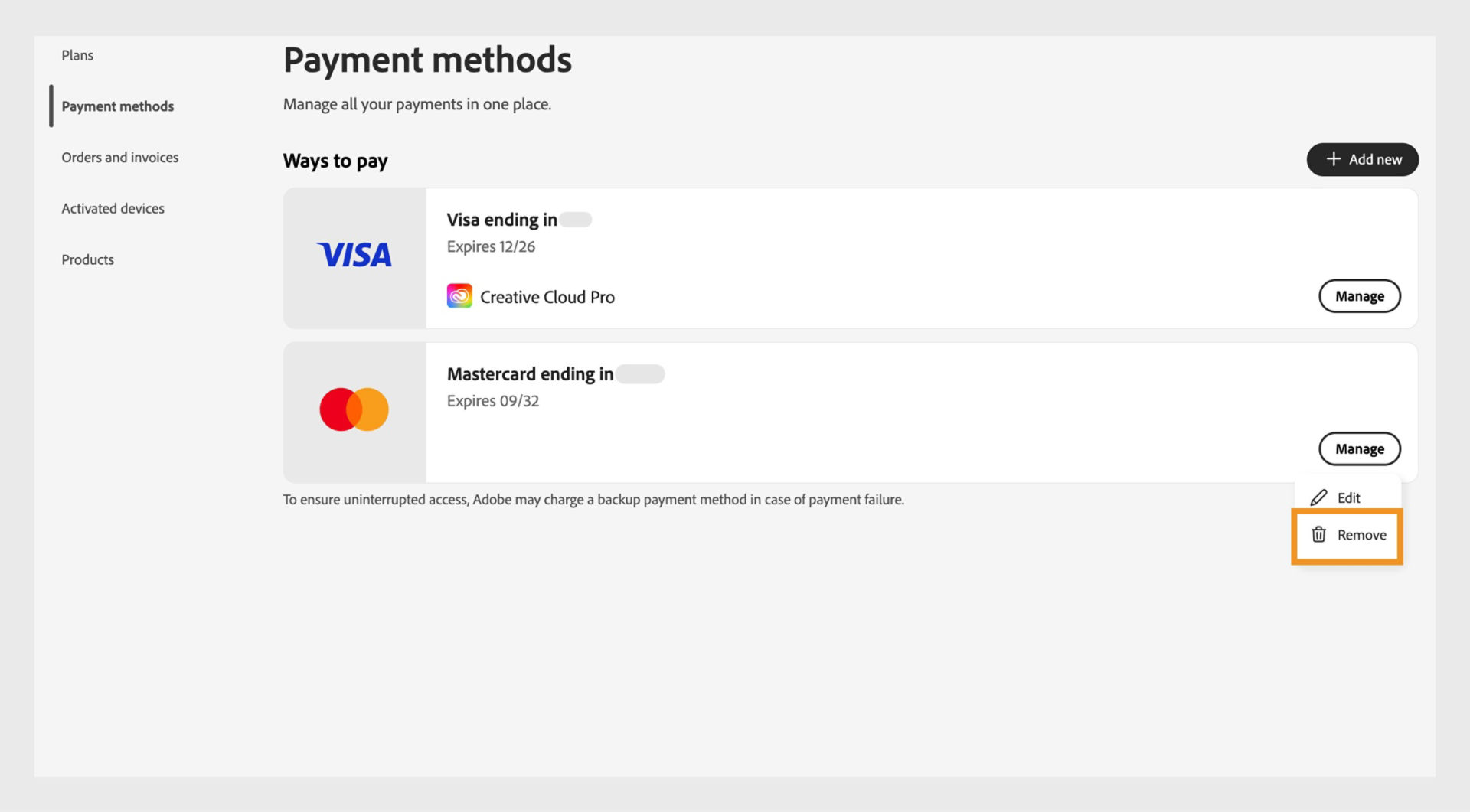 The manage payment menu opens when you select Manage. The menu provides the option to remove the payment method if no subscription is linked to the method. 