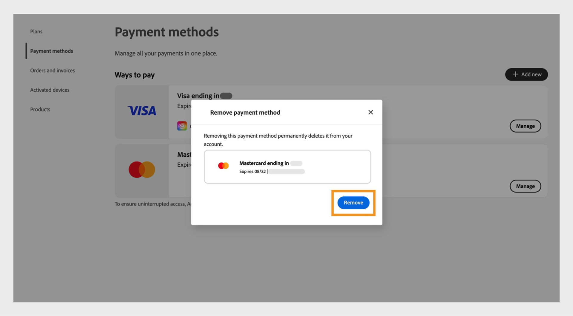 The Temove payment method window displays partial details of your payment method and provides the option to confirm the removal. 