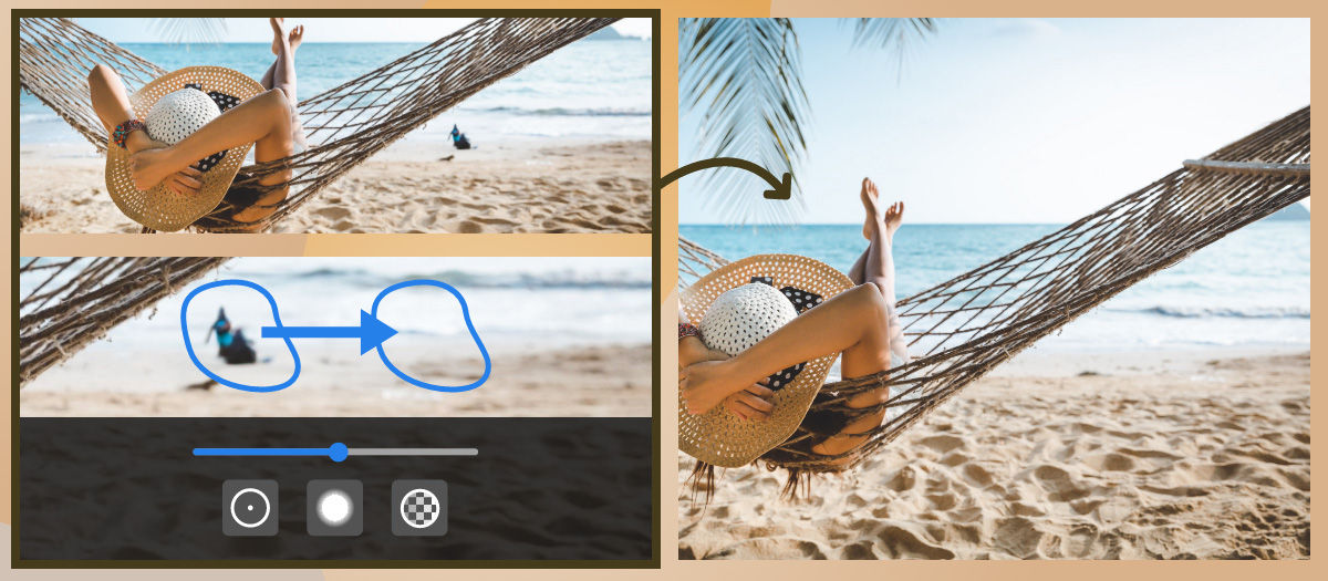 An image before and after of a photograph of a woman on a hammock by the beach watching the sea. 