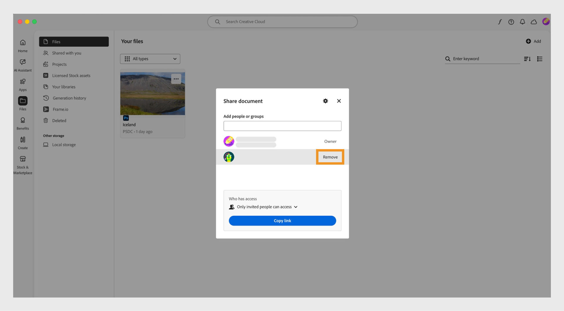 The image shows the share dialog box with the list of collaborators. Select Remove in front of the collaborator you want to remove. 