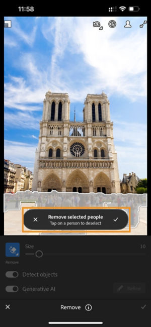 바닷속으로 뛰어드는 소년이 있는 이미지에 대해 제거 도구의 선택한 인물 제거 버튼이 강조 표시되어 있습니다.