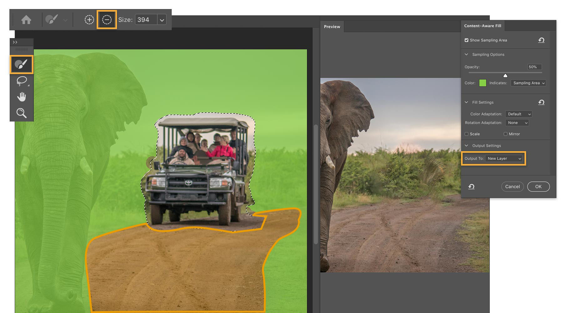 Left: Sampling brush removes road from the sampling area. Right: Preview window showing Output to New Layer selected.