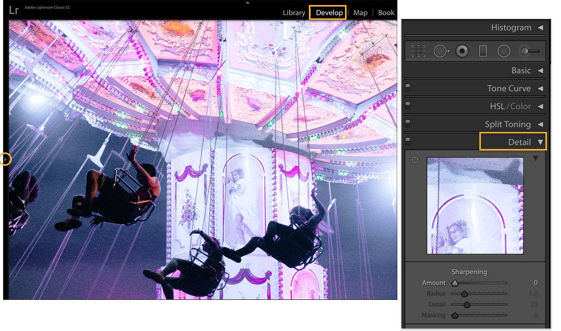 Nighttime photo of amusement park ride with neon lights appears grainy. Adjustments are made in the Detail panel.
