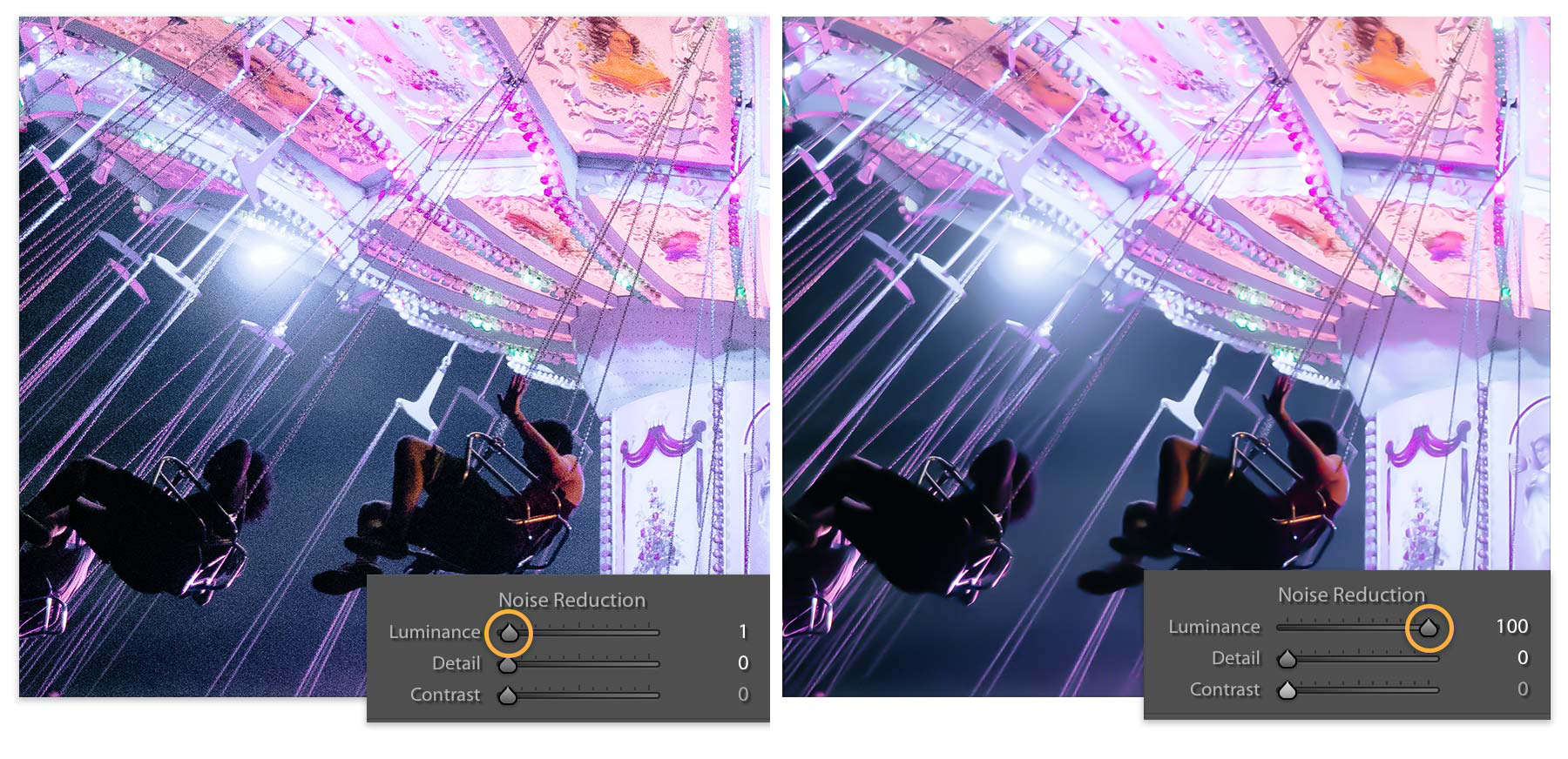 As the Luminance slider moves to the right, graininess is reduced and the photo is softened.